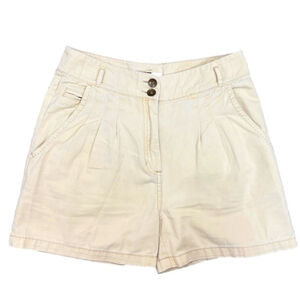 Pale yellow high rise cotton twill pleated tailored shorts 4